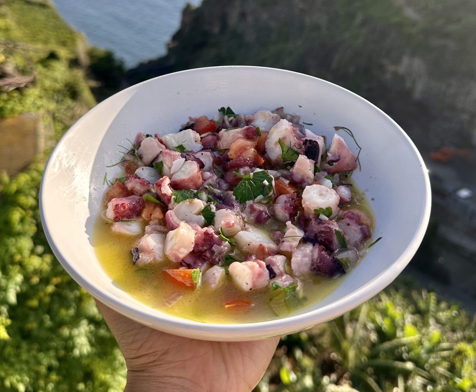 Bowl with freshly made octopus salad